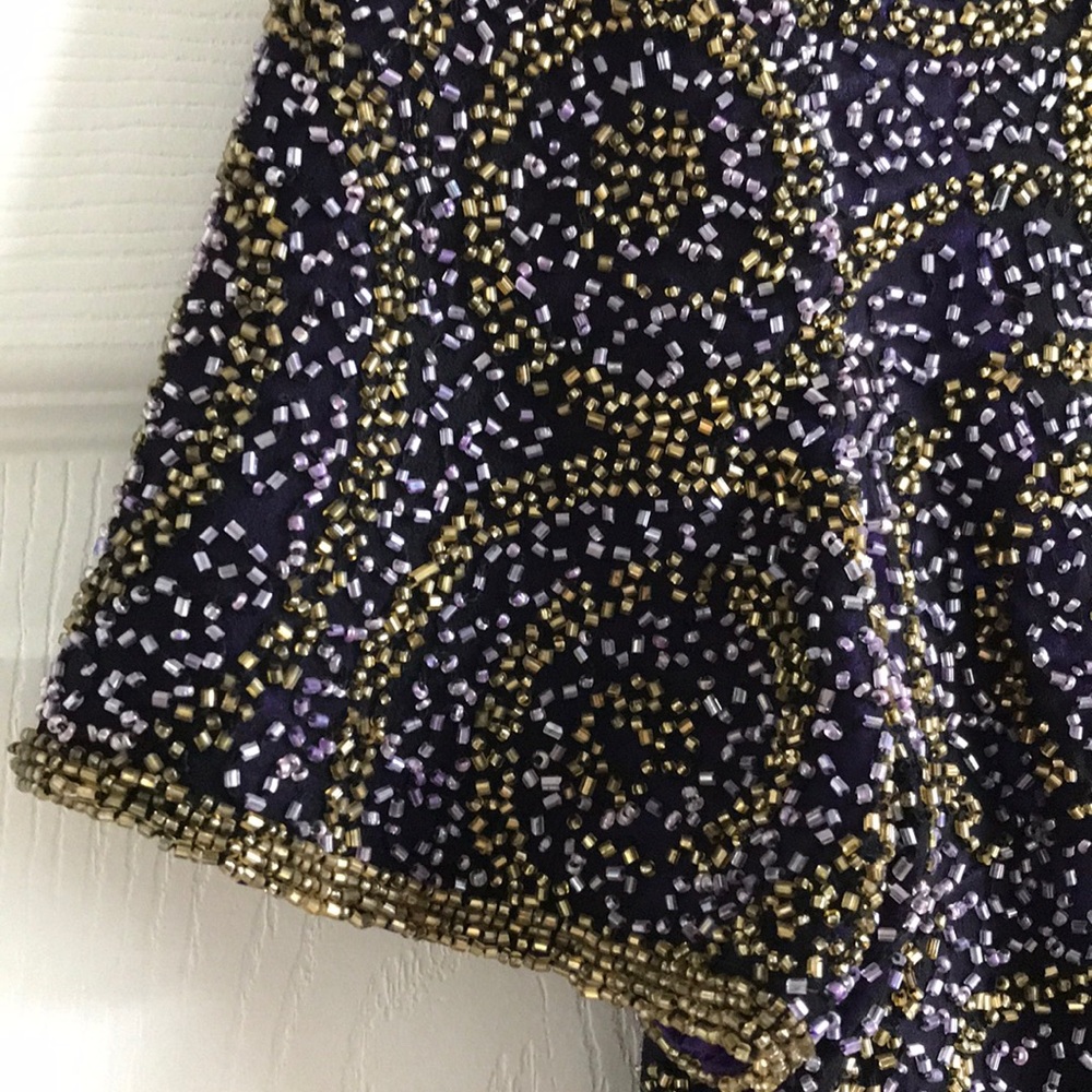 SCALA Silk beaded Top / purple‎ & gold / SZ S - Picture 3 of 8